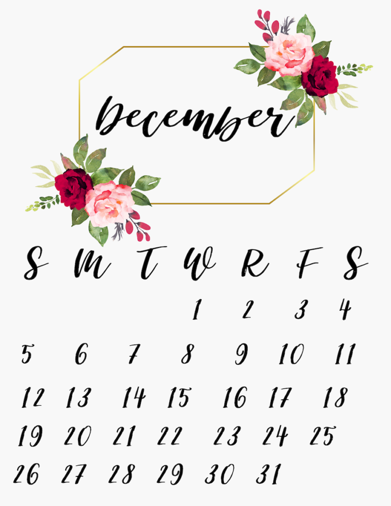 Cute December Floral Calendar 2021 Free Printable