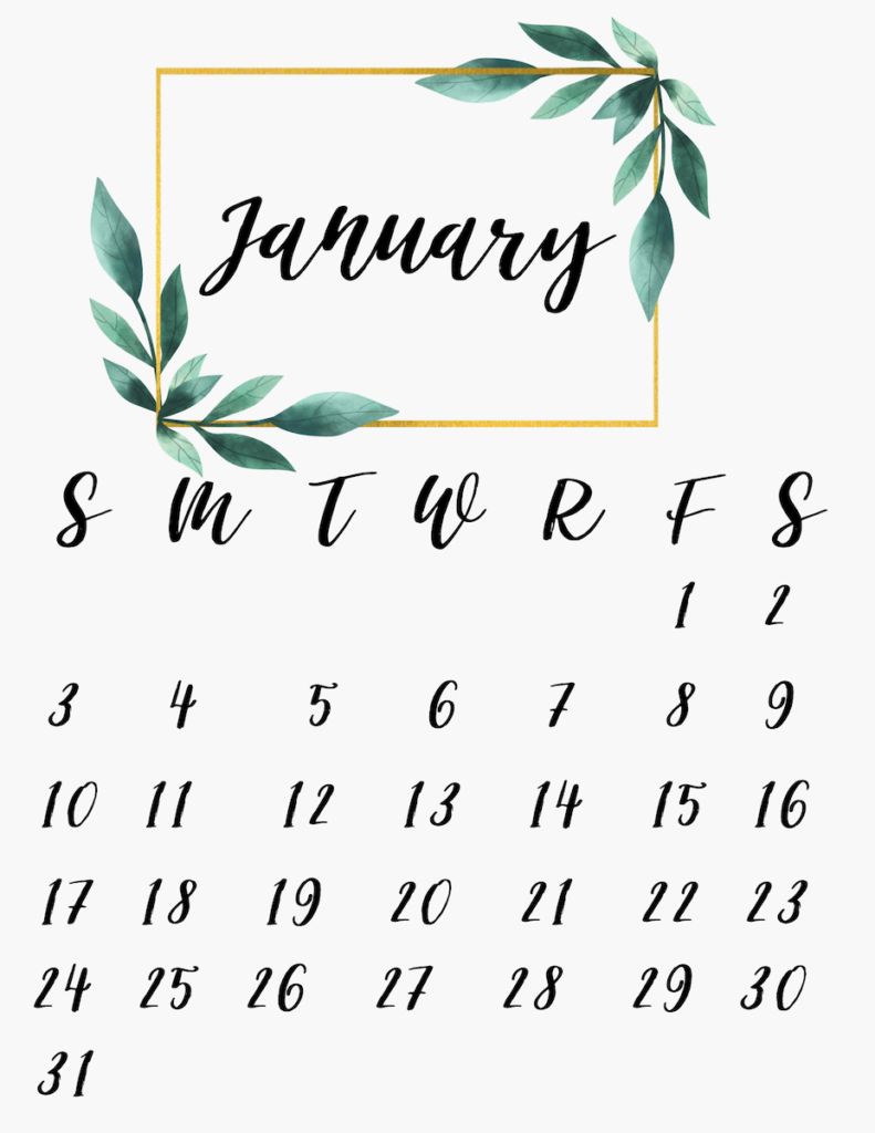Cute January Floral Calendar 2021 Free Printable
