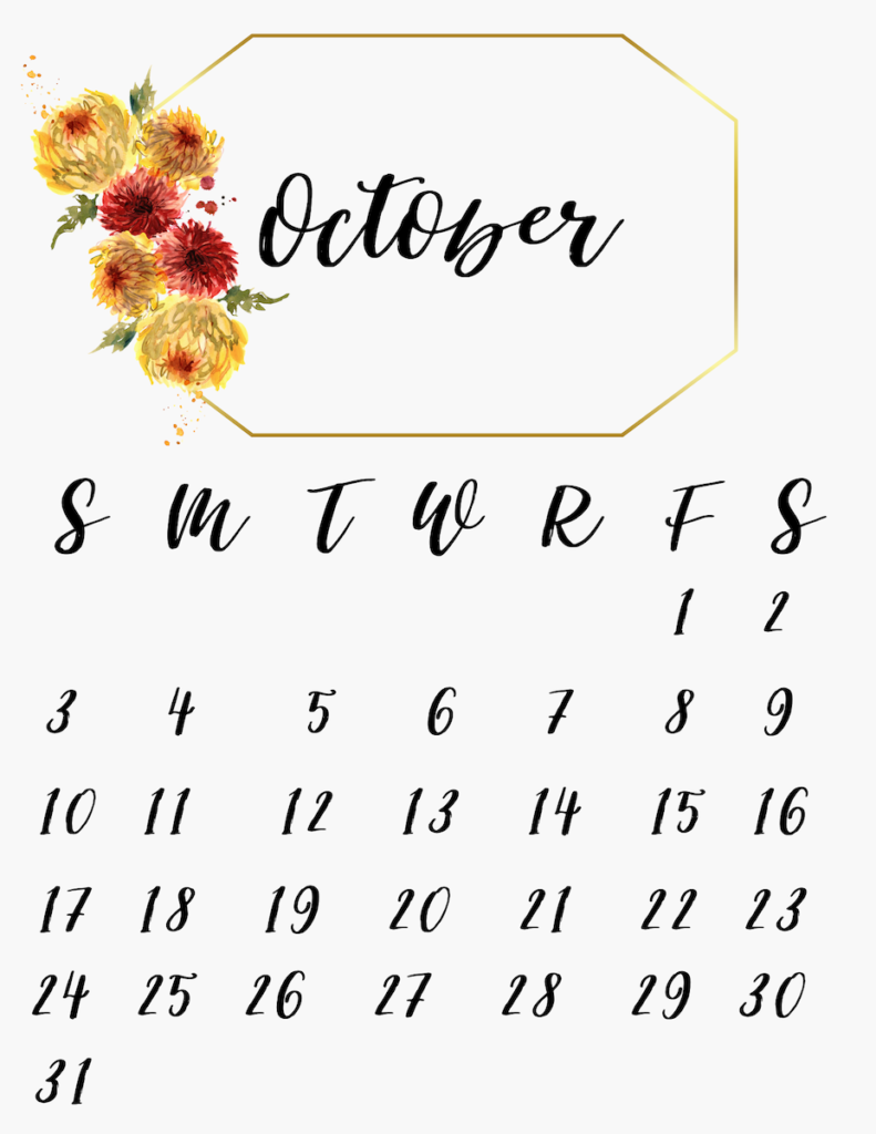 Cute October Floral Calendar 2021 Free Printable