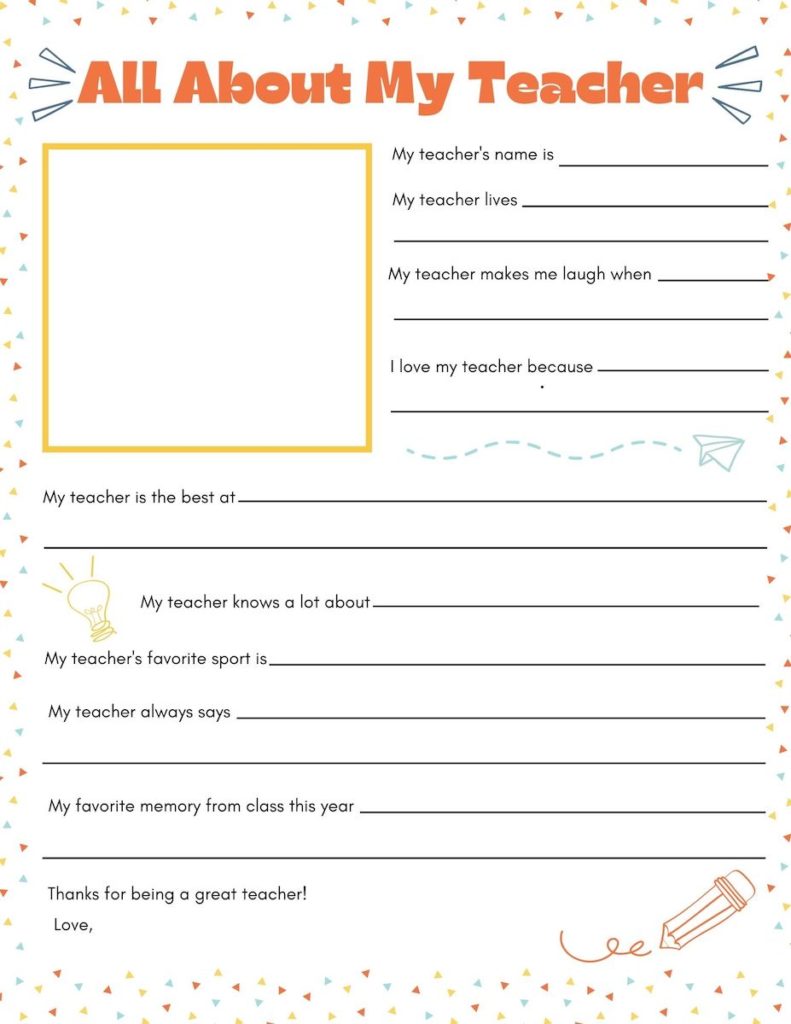 All About My Teacher Fill In The Blank Printable Free