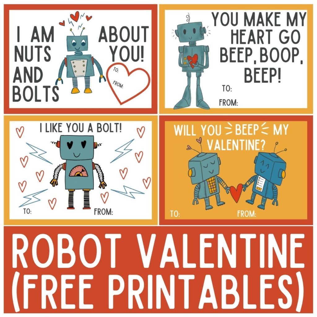 robot valentine free printable cards