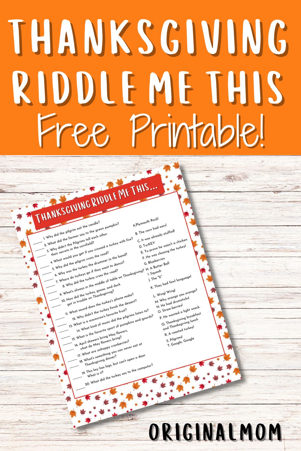 Fun Thanksgiving Riddle Me This Free Printable Originalmom