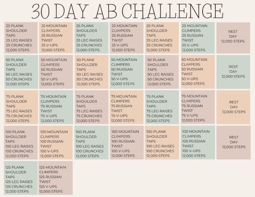 30 Day Ab Challenge Printable Calendar