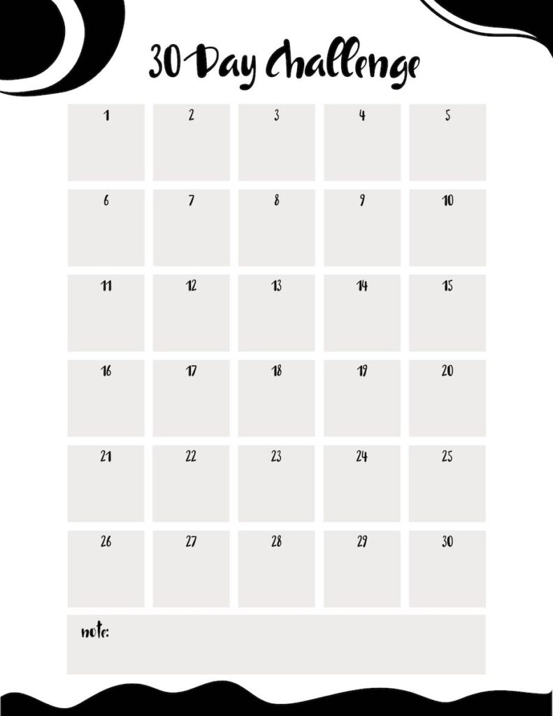 30 day challenge free printable black and white