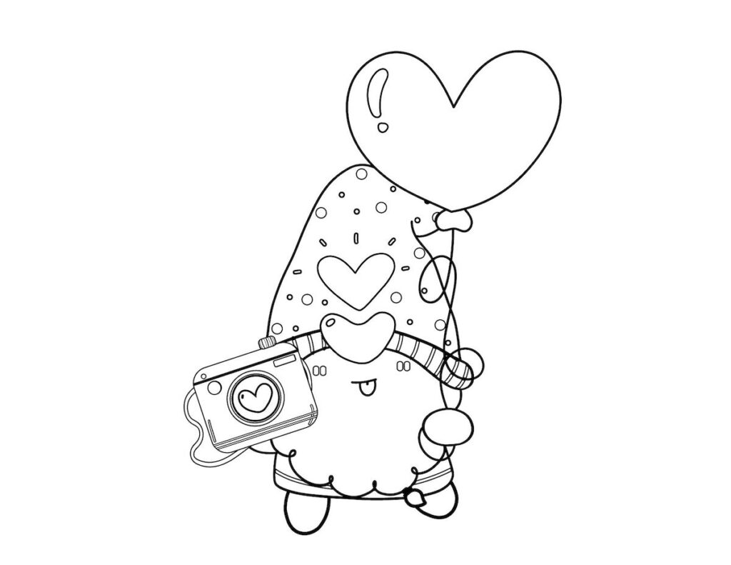 cute gnome coloring page with heart balloon