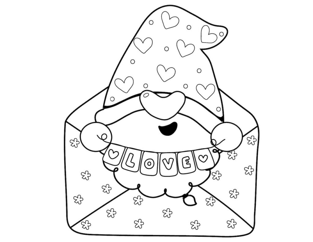 Heart Gnome in an envelope coloring page