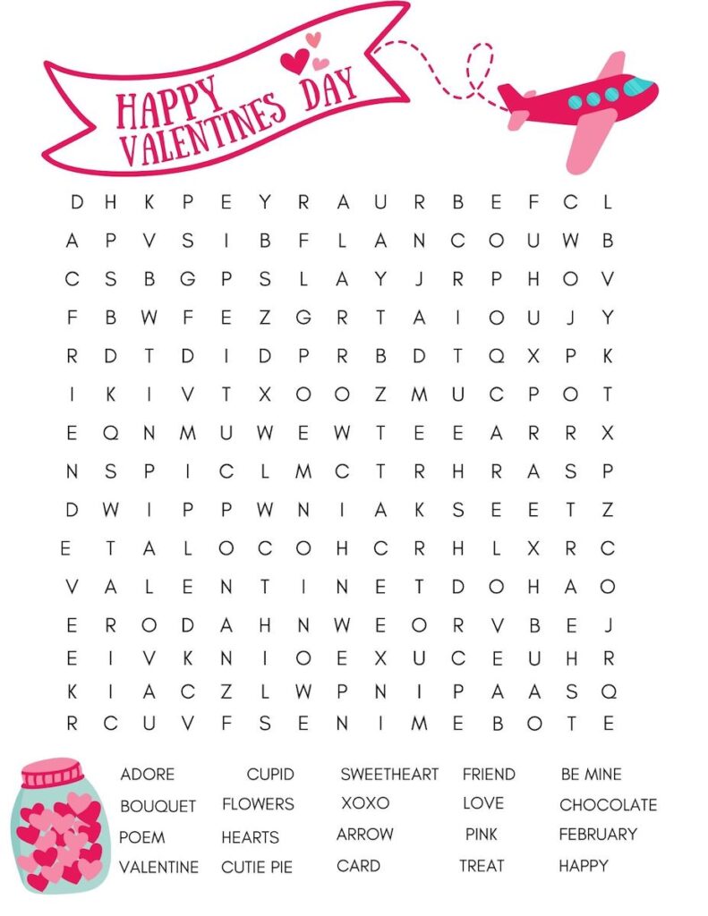 cute valentines day free printable word search