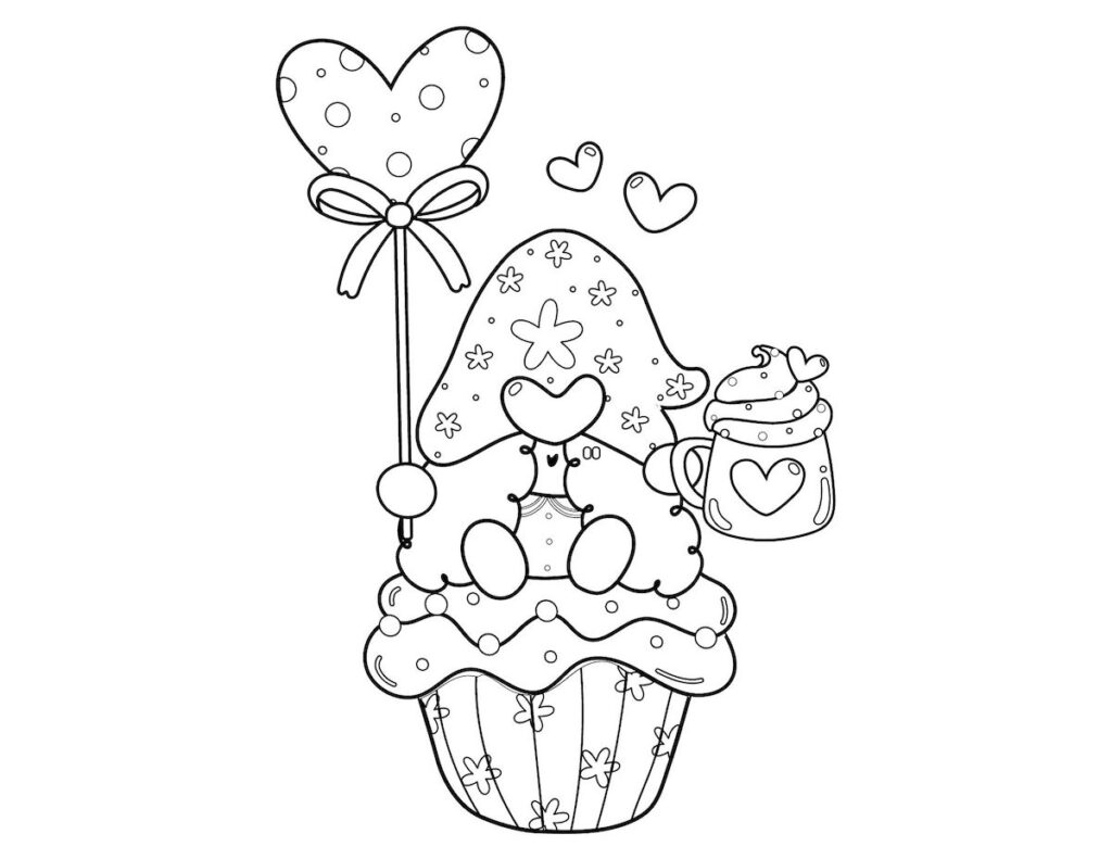 Gnome Cupcake Valentine Coloring Page