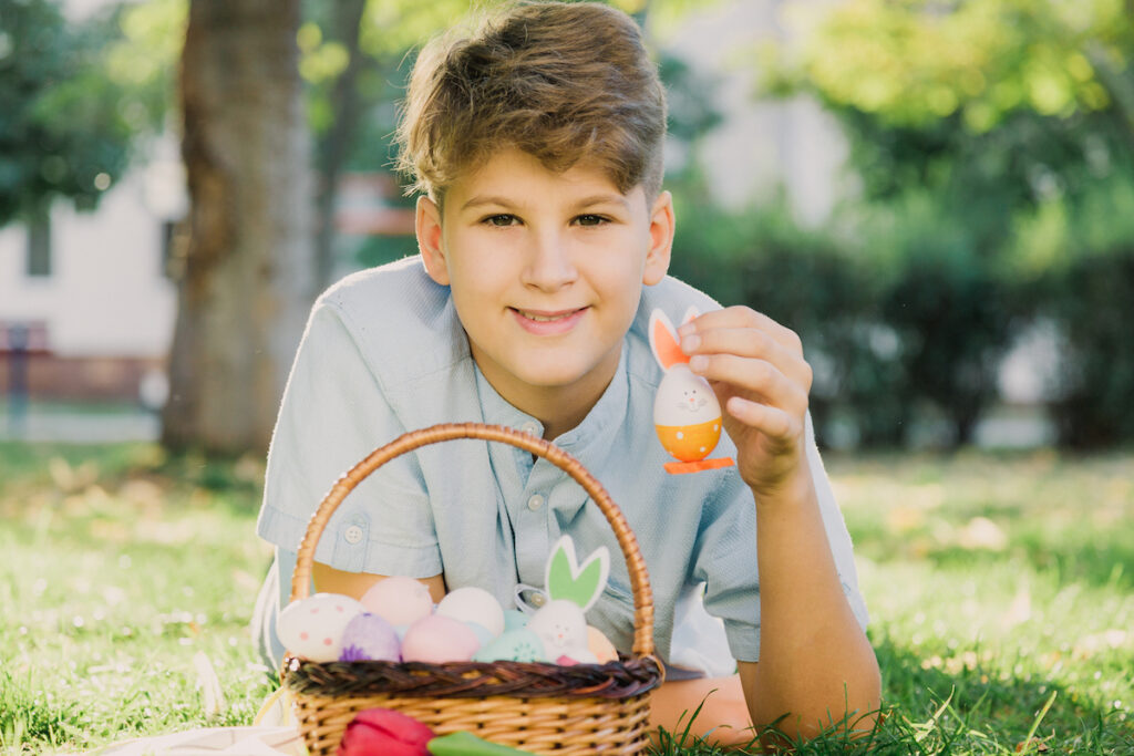 tween and teen with an easter egg basket 